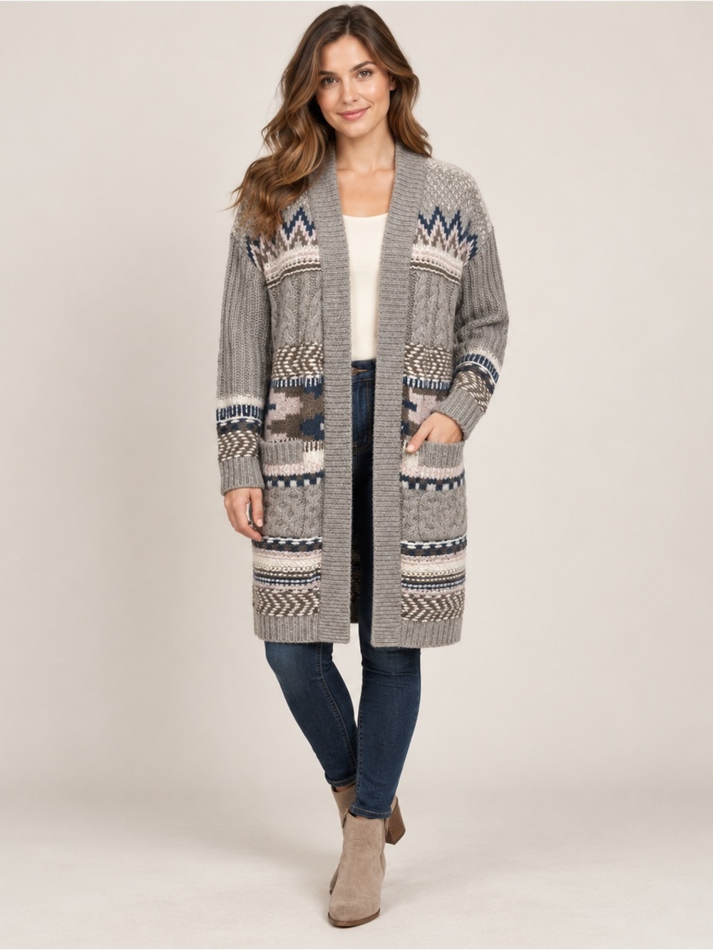 Faherty Cozy Soft Knit Gray Aztec Long Cardigan Sweater S/P Made in Peru